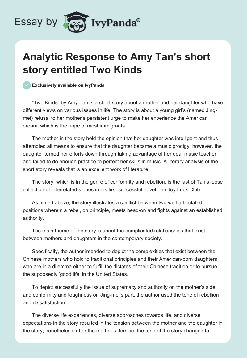 Analytic Response to Amy Tan's short story entitled "Two Kinds". Page 1