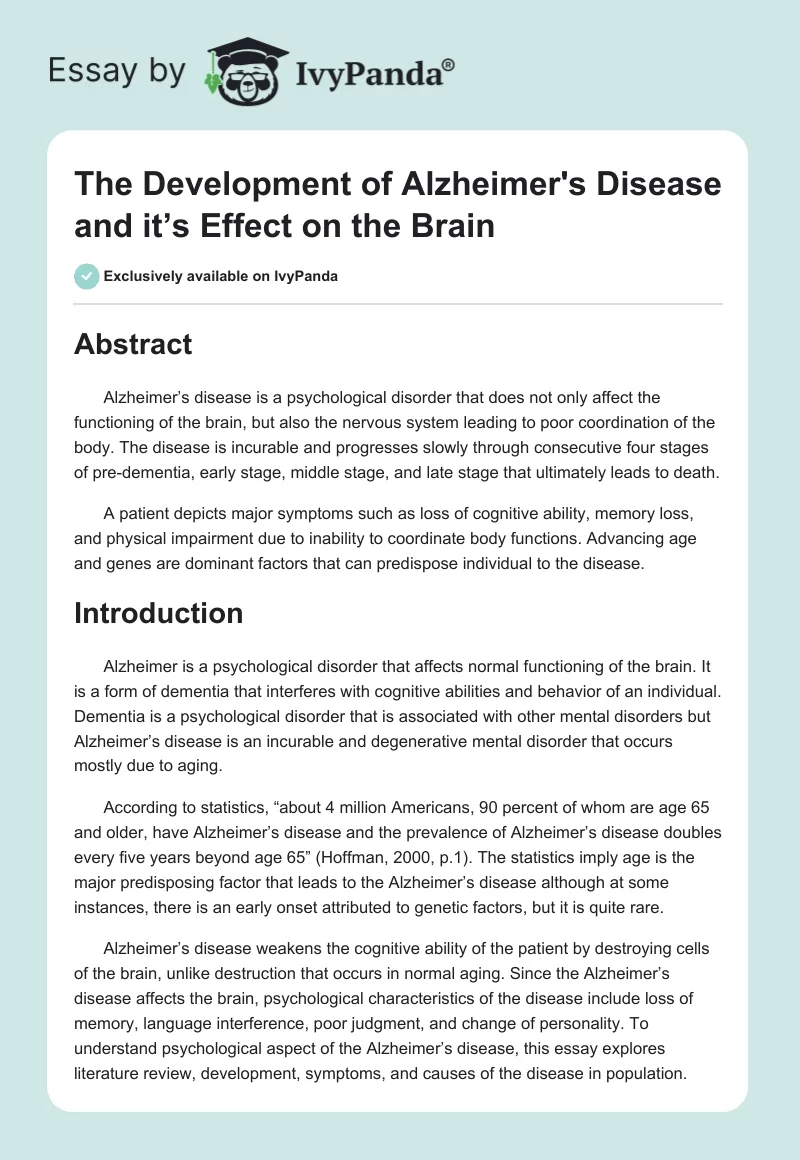 The Development of Alzheimer's Disease and It’s Effect on the Brain. Page 1