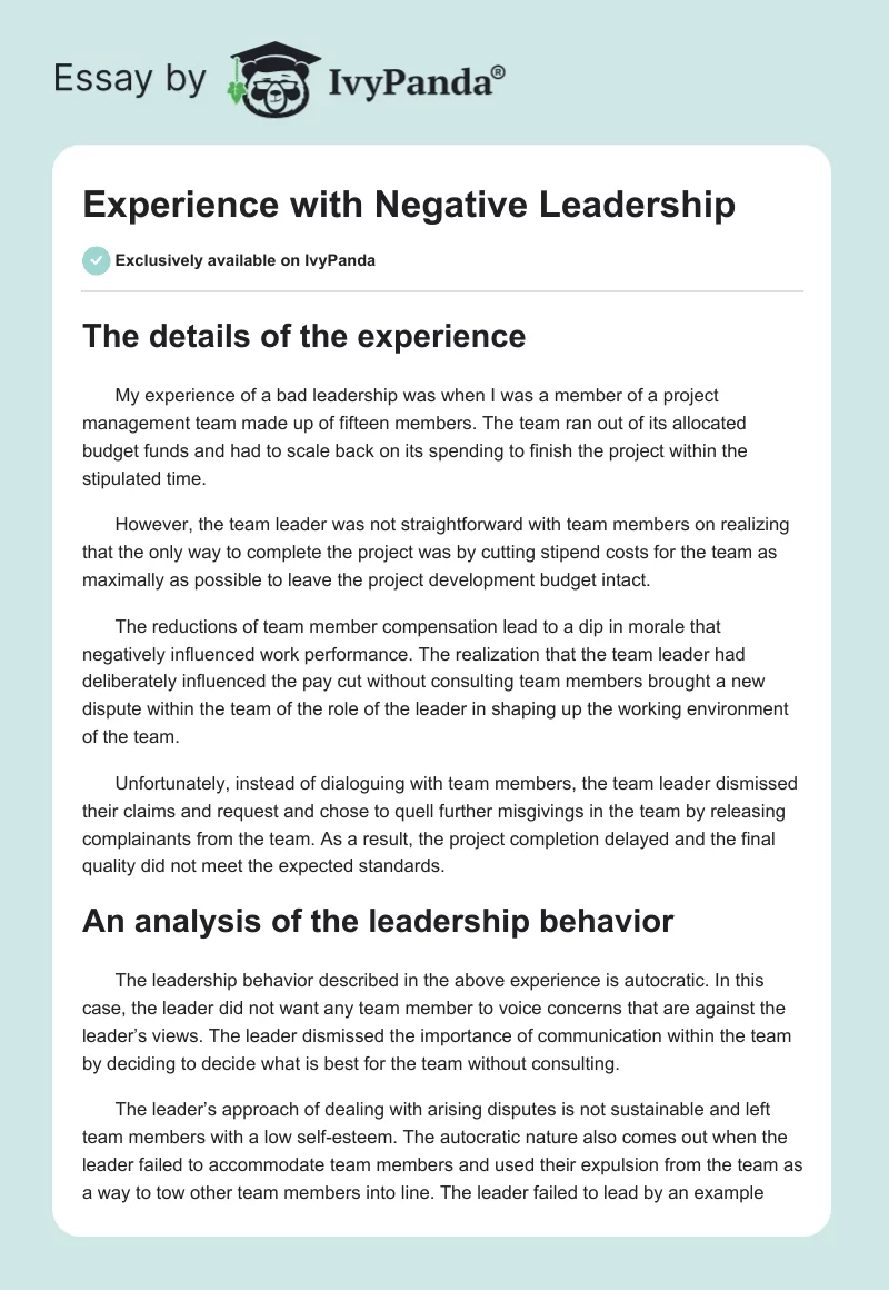 Experience with Negative Leadership. Page 1
