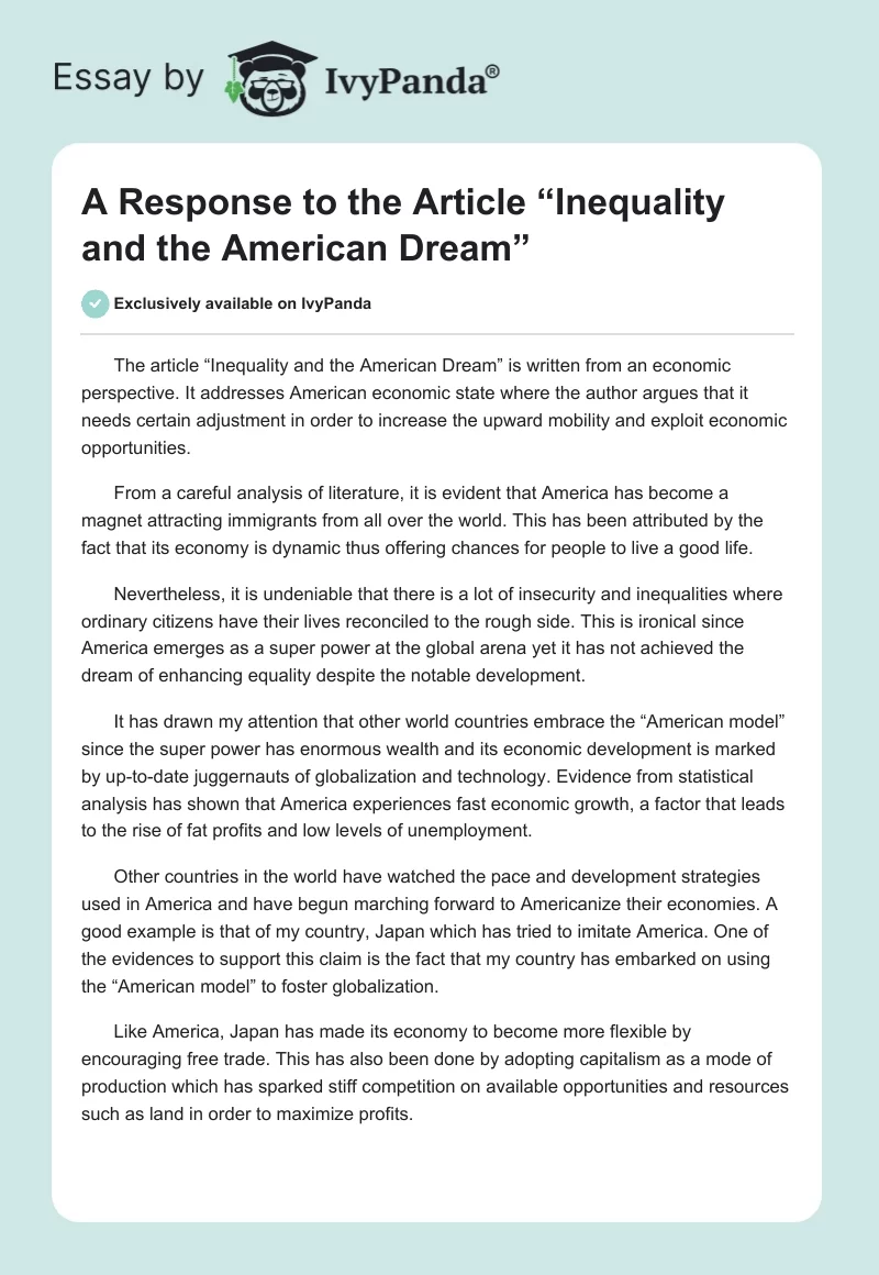 A Response to the Article “Inequality and the American Dream”. Page 1
