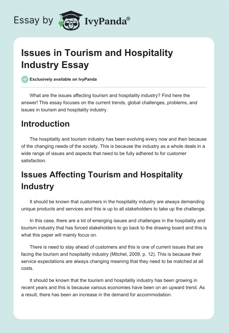 Issues in Tourism and Hospitality Industry Essay. Page 1