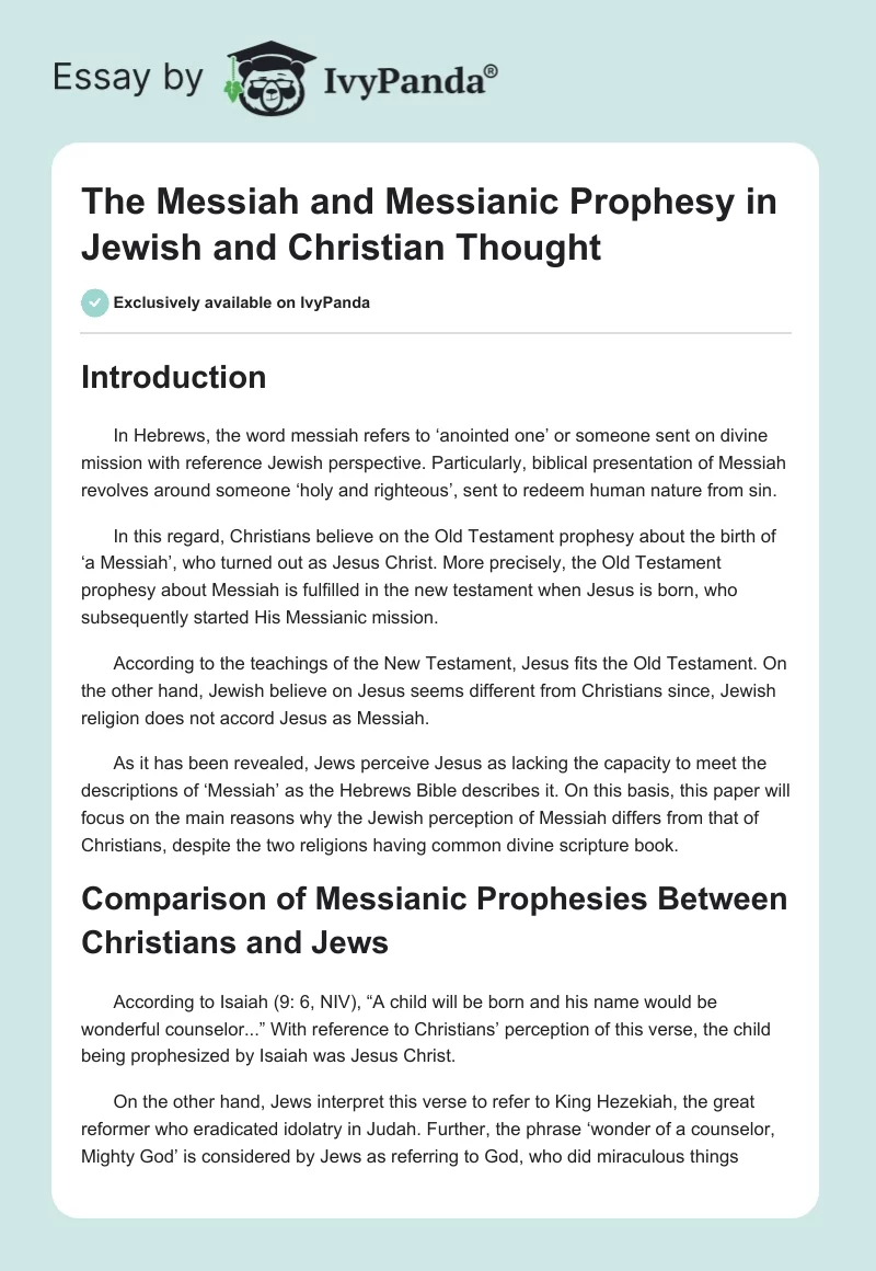 The Messiah and Messianic Prophesy in Jewish and Christian Thought. Page 1