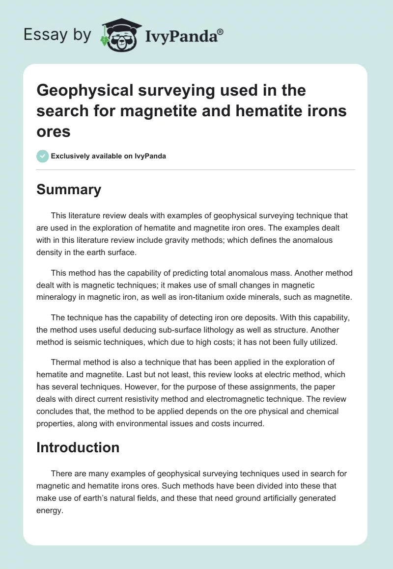 Geophysical surveying used in the search for magnetite and hematite irons ores. Page 1