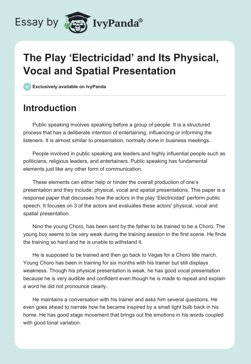 The Play ‘Electricidad’ and Its Physical, Vocal and Spatial Presentation. Page 1