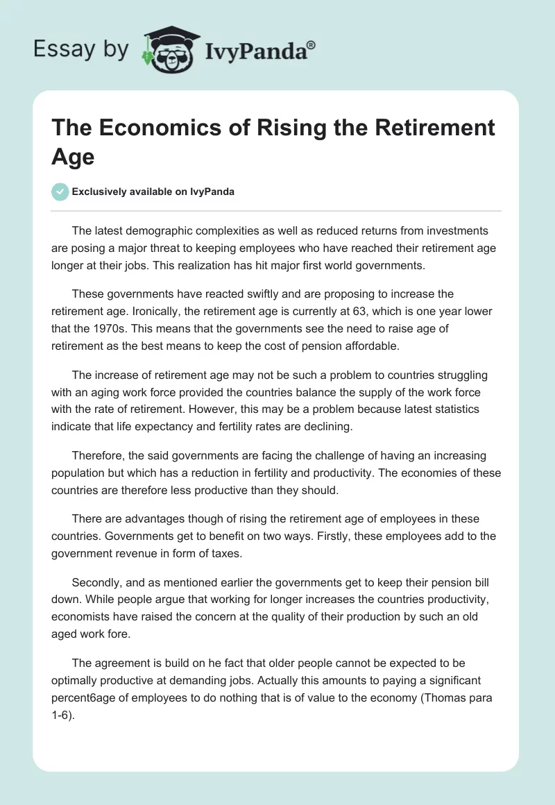 The Economics of Rising the Retirement Age. Page 1