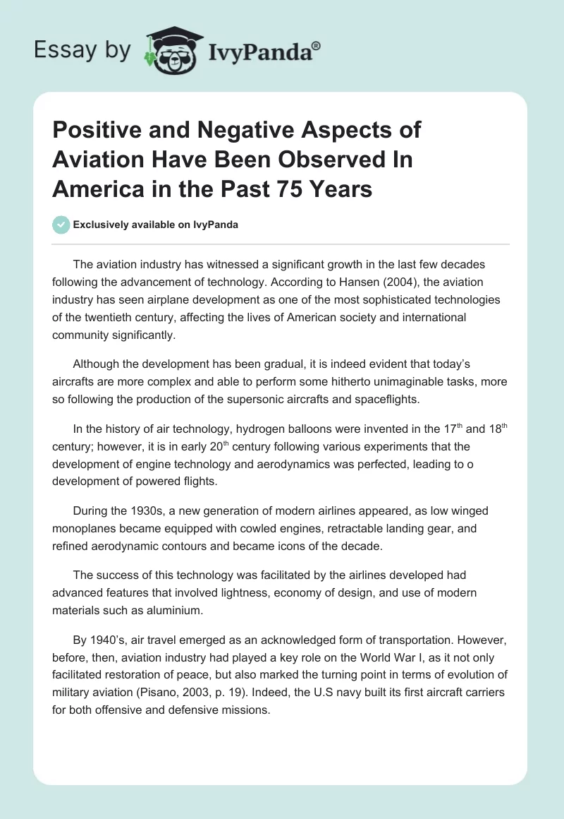 Positive and Negative Aspects of Aviation Have Been Observed in America in the Past 75 Years. Page 1