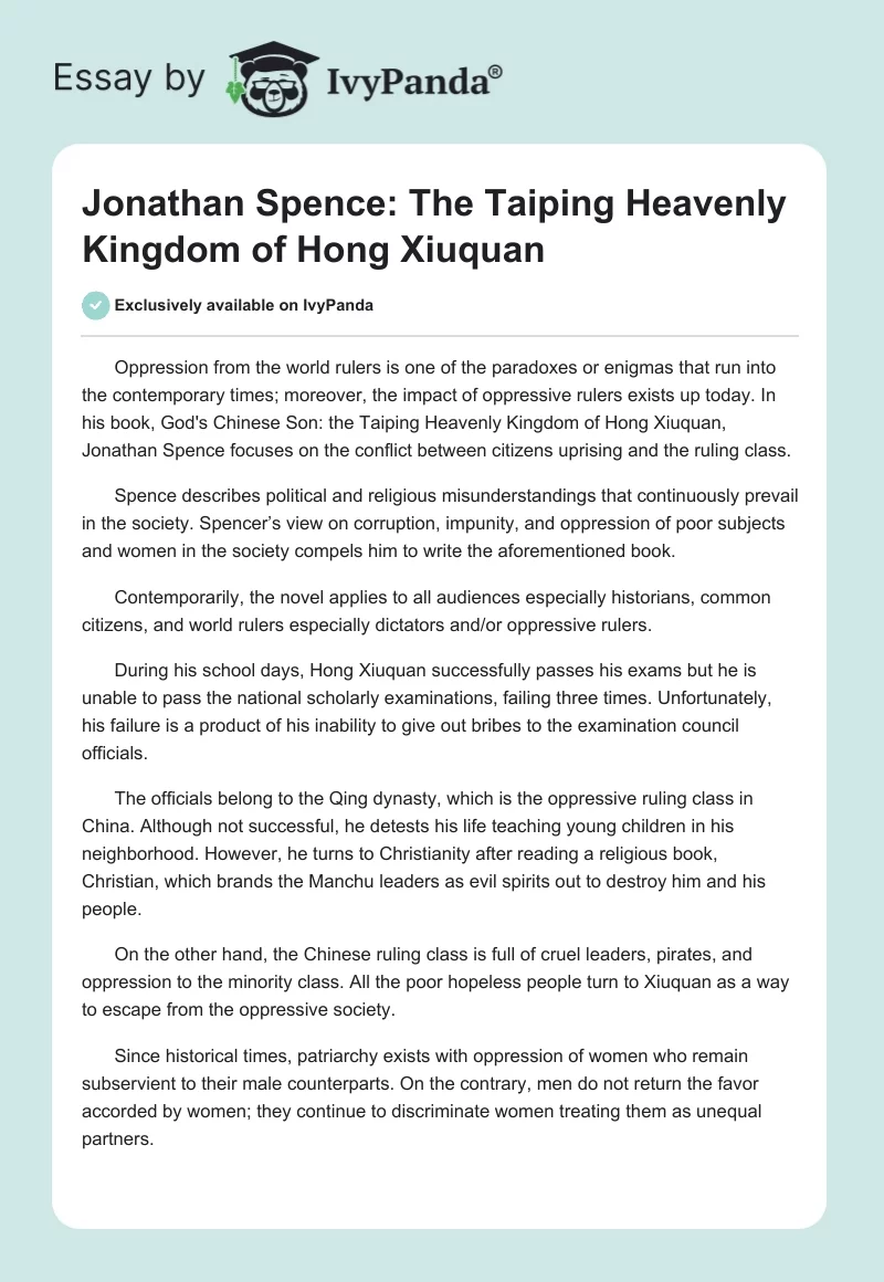 Jonathan Spence: The Taiping Heavenly Kingdom of Hong Xiuquan. Page 1