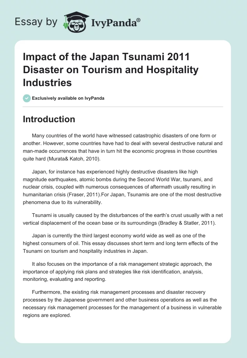 Impact of the Japan Tsunami 2011 Disaster on Tourism and Hospitality Industries. Page 1