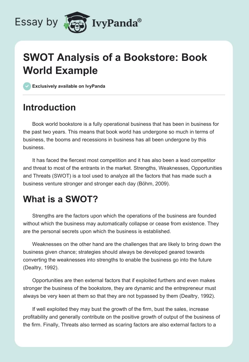 SWOT Analysis of a Bookstore: Book World Example. Page 1