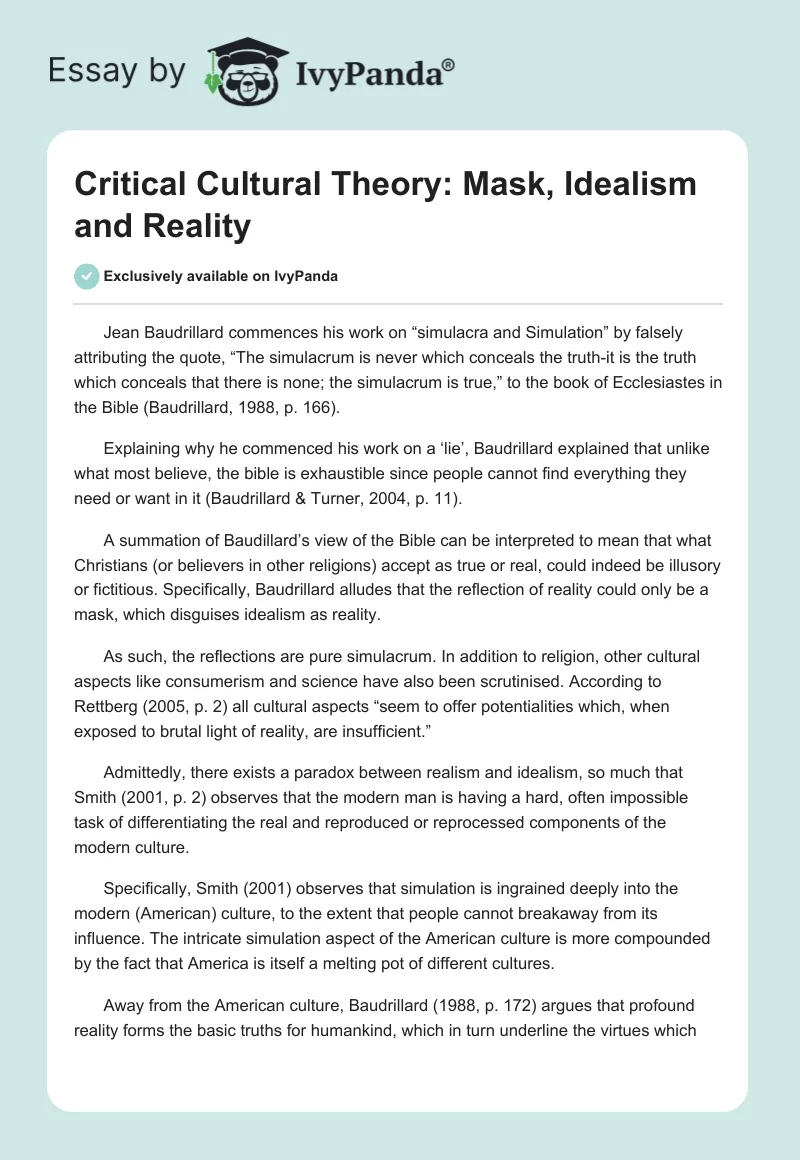 Critical Cultural Theory: Mask, Idealism and Reality. Page 1