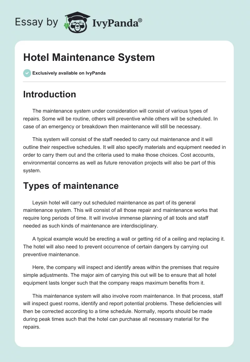 Hotel Maintenance System. Page 1