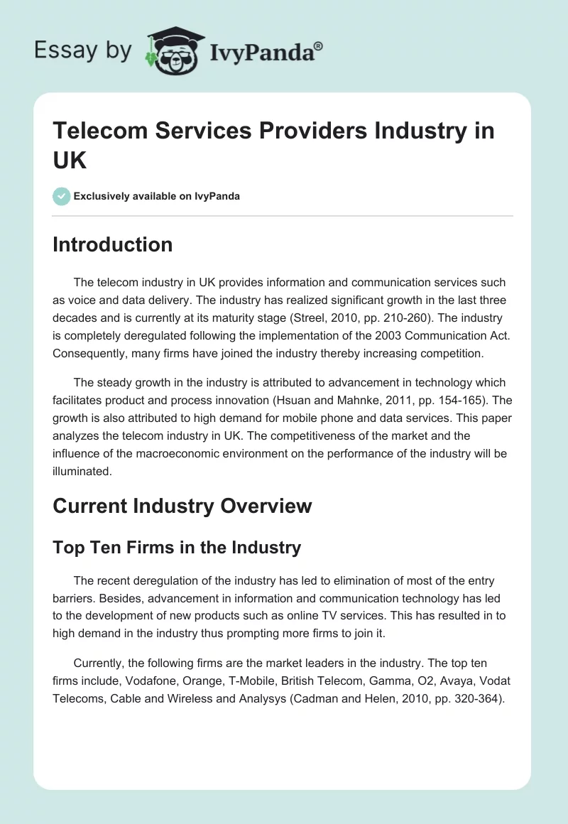 Telecom Services Providers Industry in UK. Page 1