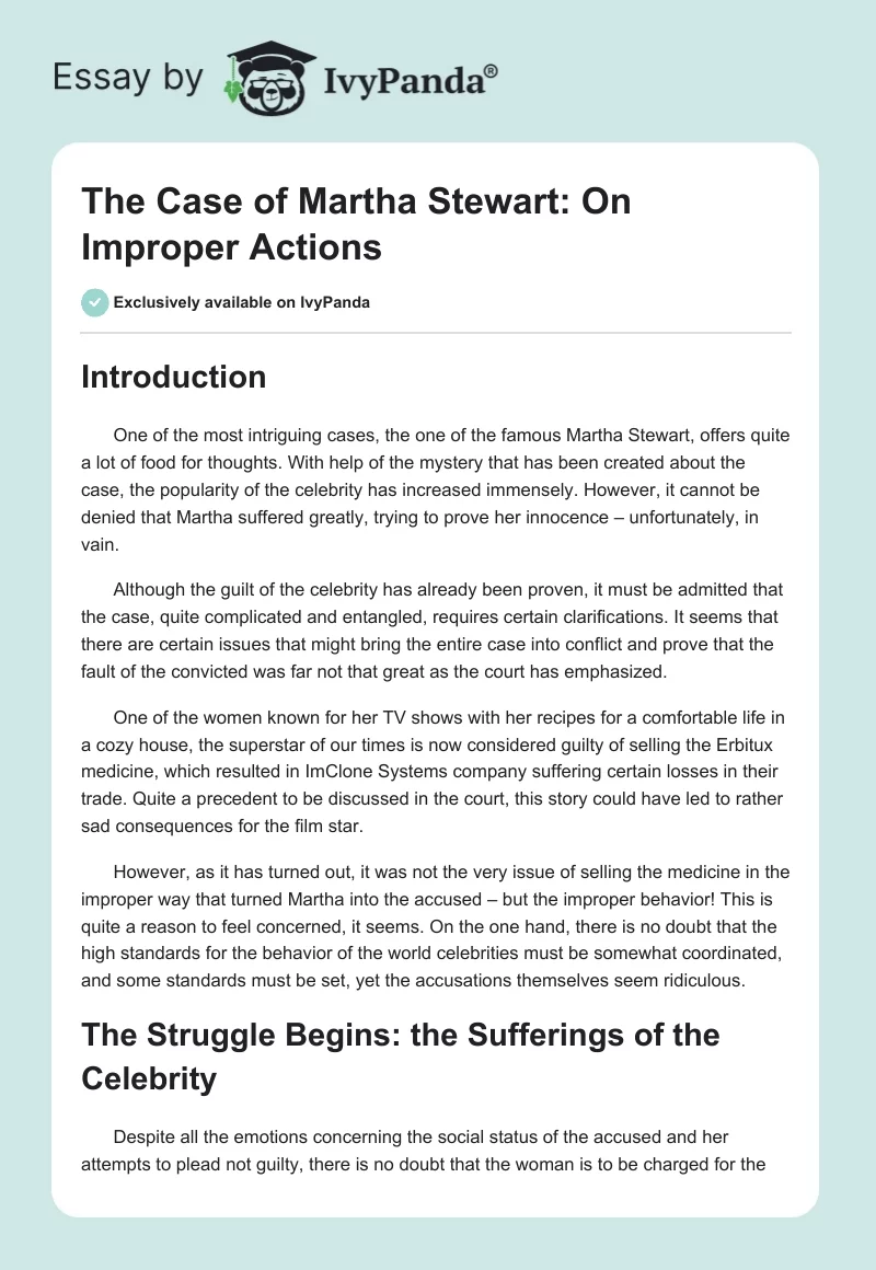 The Case of Martha Stewart: On Improper Actions. Page 1