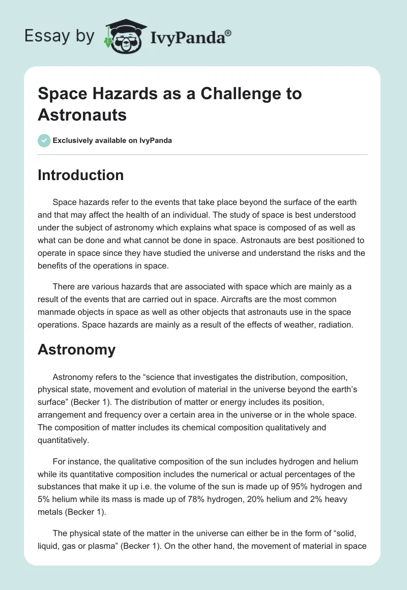 Space Hazards as a Challenge to Astronauts. Page 1