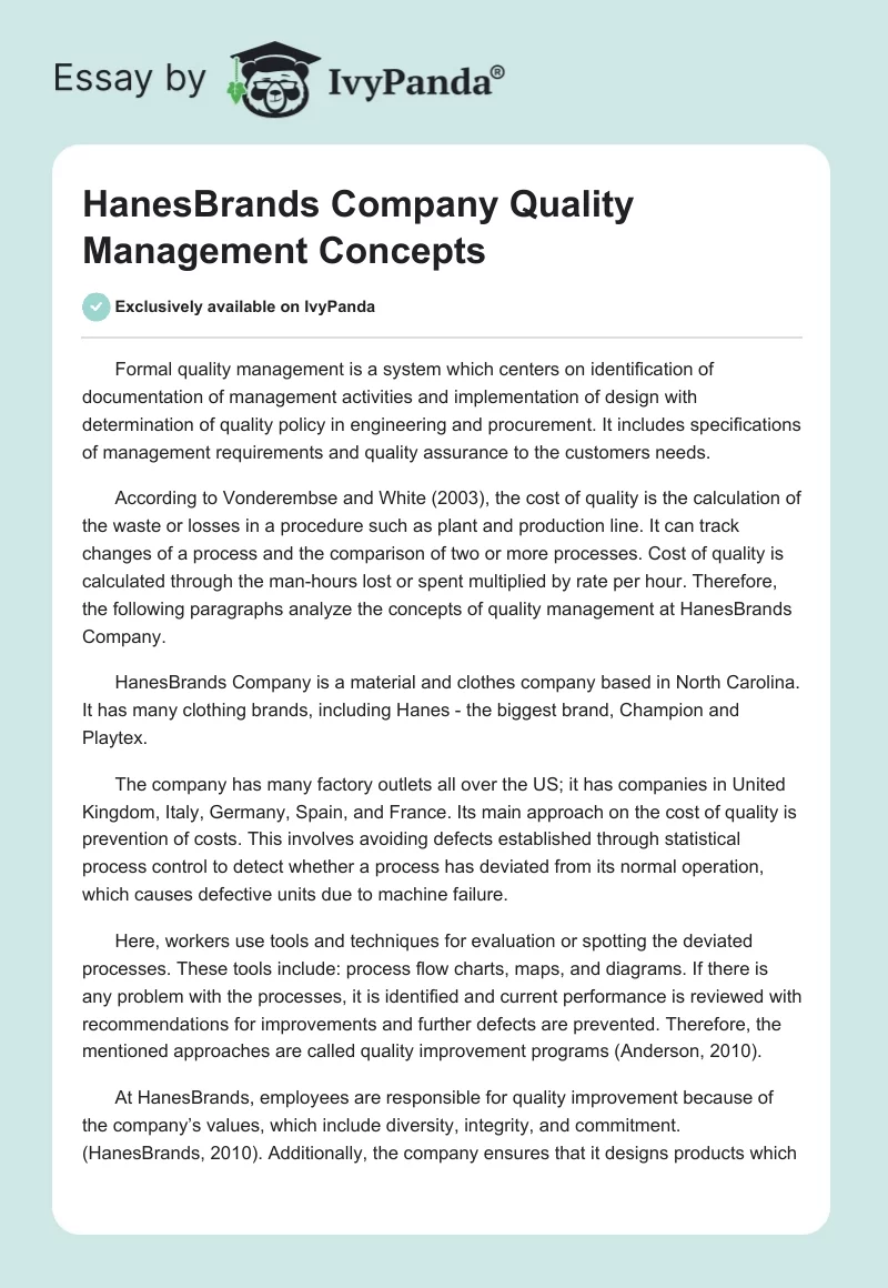 HanesBrands Company Quality Management Concepts. Page 1