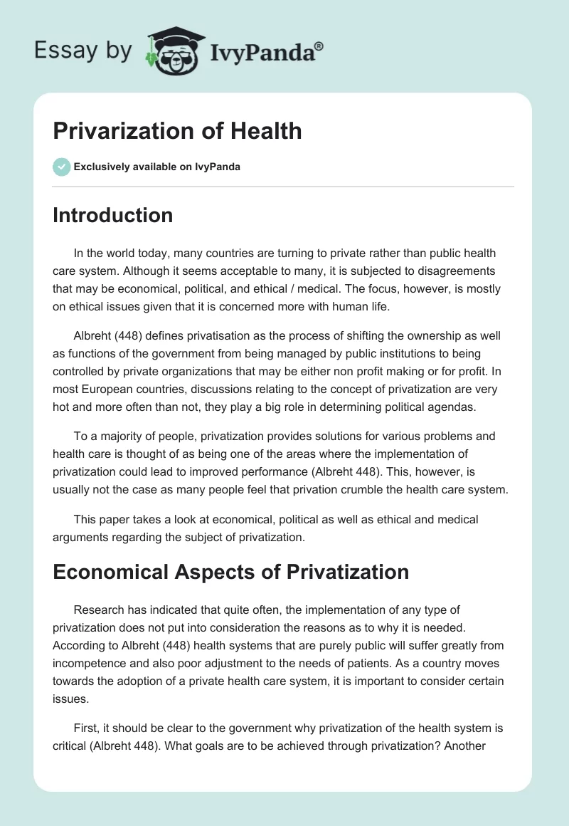 Privarization of Health. Page 1