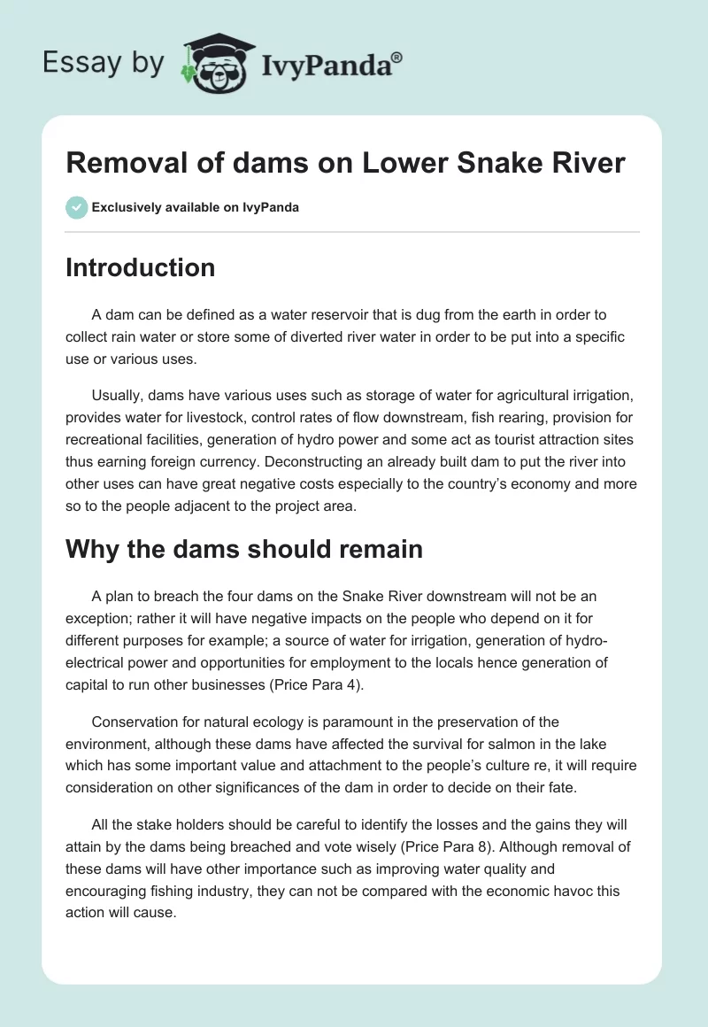 Removal of dams on Lower Snake River. Page 1