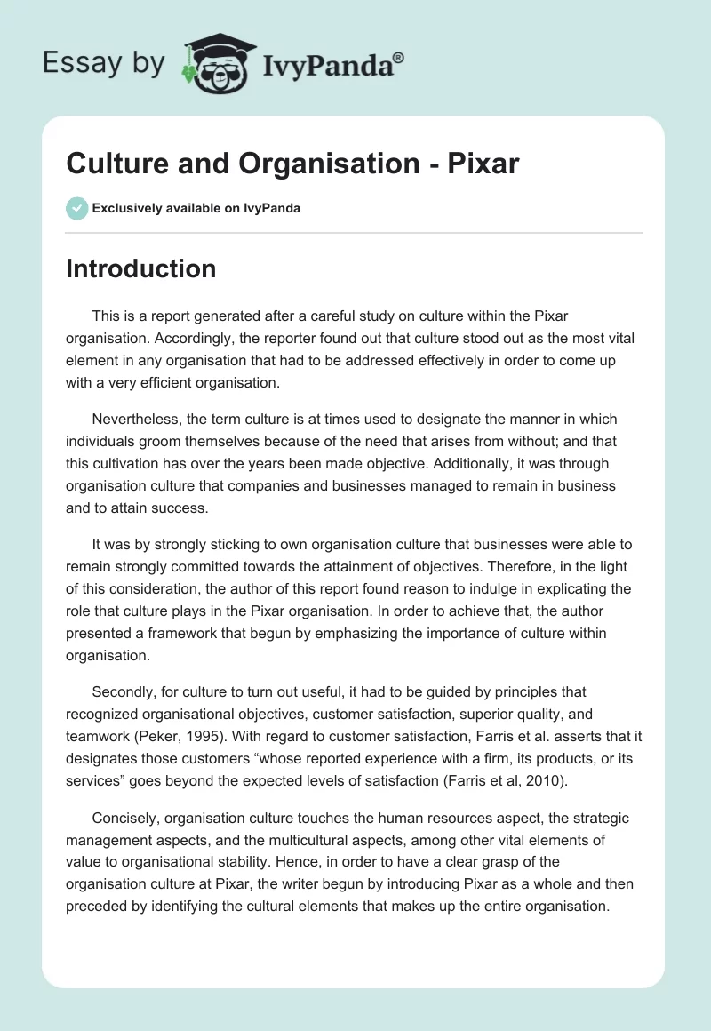 Culture and Organisation - Pixar. Page 1