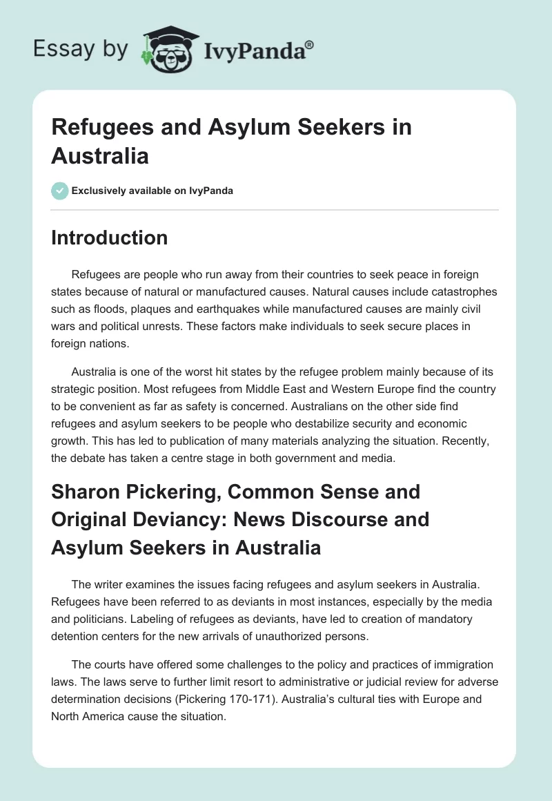 Refugees and Asylum Seekers in Australia. Page 1