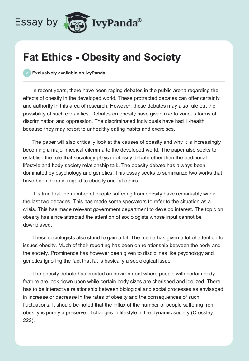 Fat Ethics - Obesity and Society. Page 1