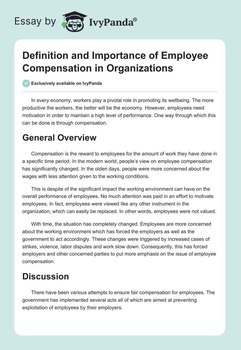 Definition and Importance of Employee Compensation in Organizations. Page 1