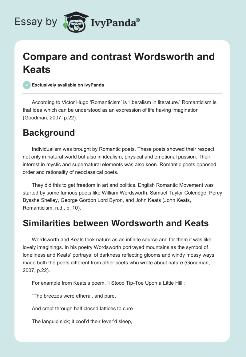 Compare and contrast Wordsworth and Keats. Page 1