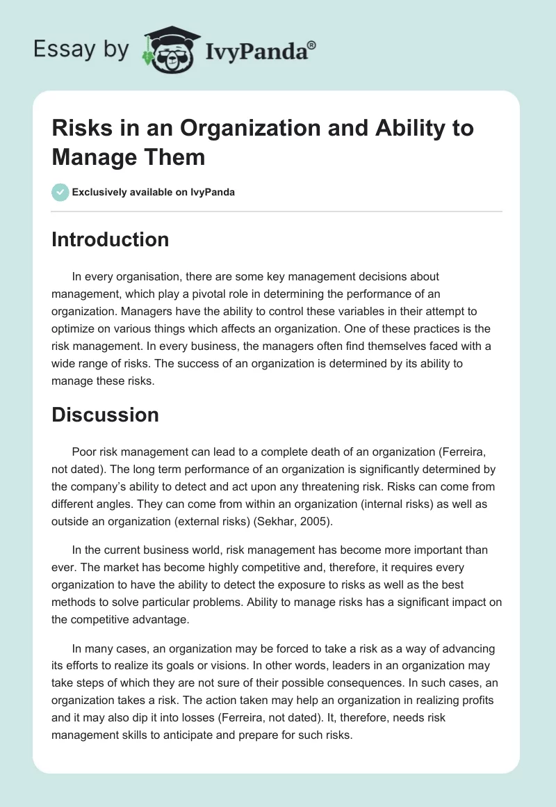 Risks in an Organization and Ability to Manage Them. Page 1