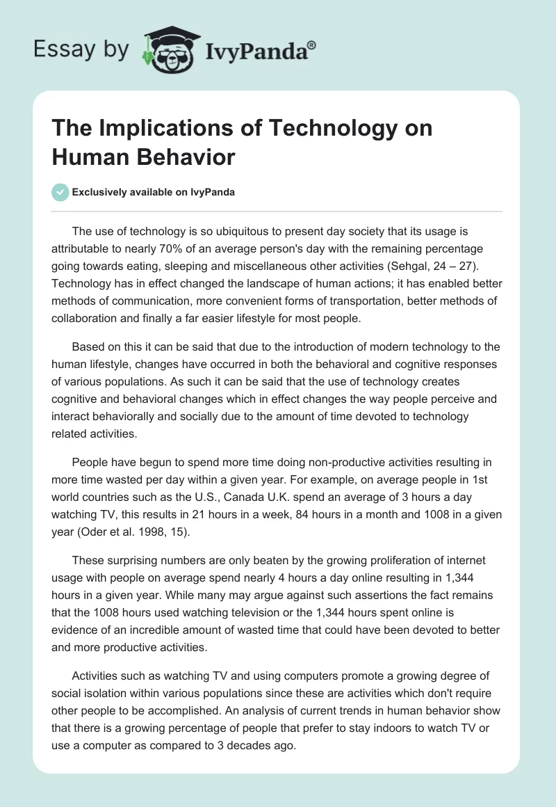 The Implications of Technology on Human Behavior. Page 1