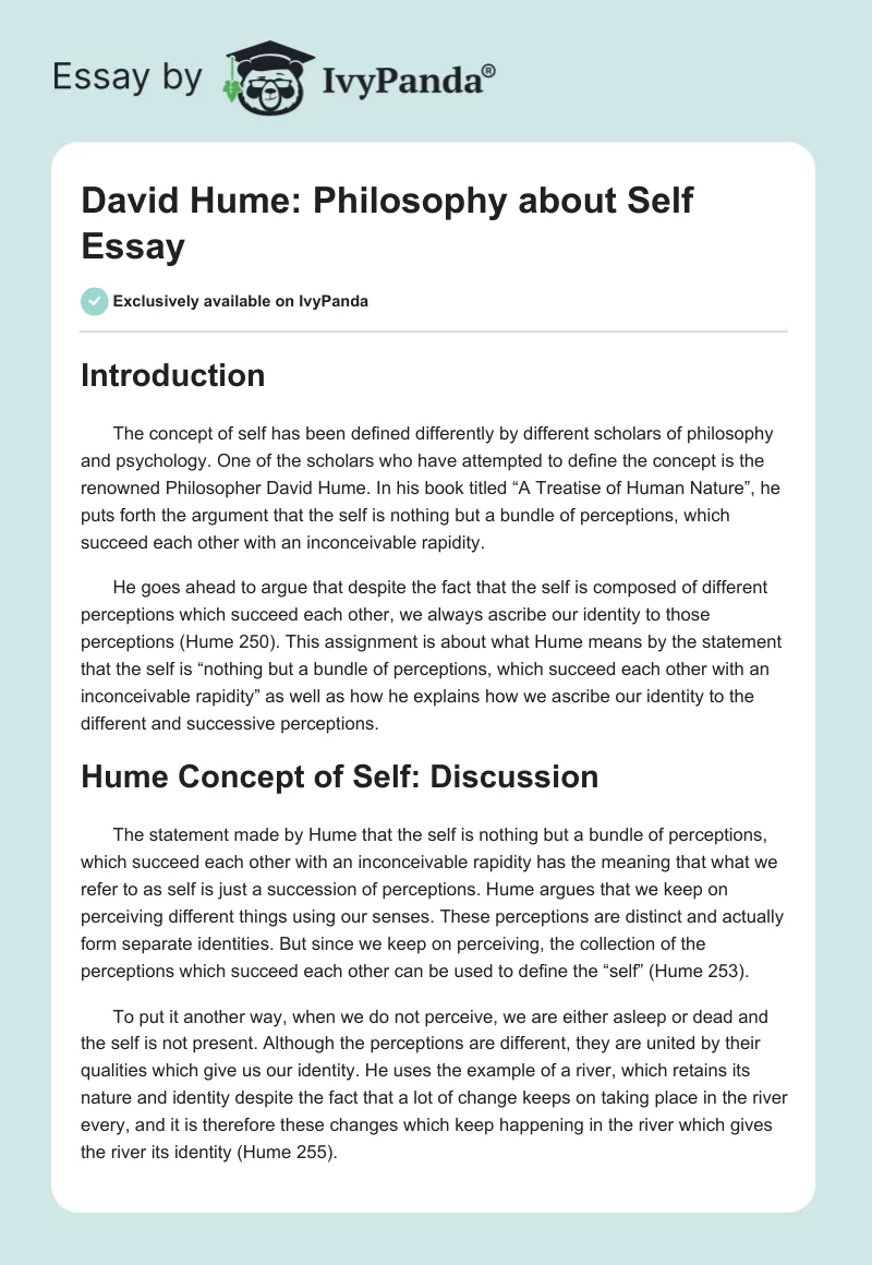 David Hume: Philosophy about Self Essay. Page 1