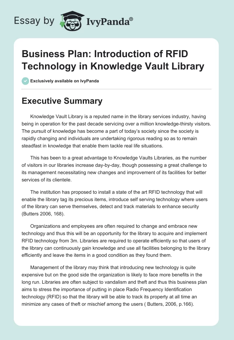 Business Plan: Introduction of RFID Technology in Knowledge Vault Library. Page 1