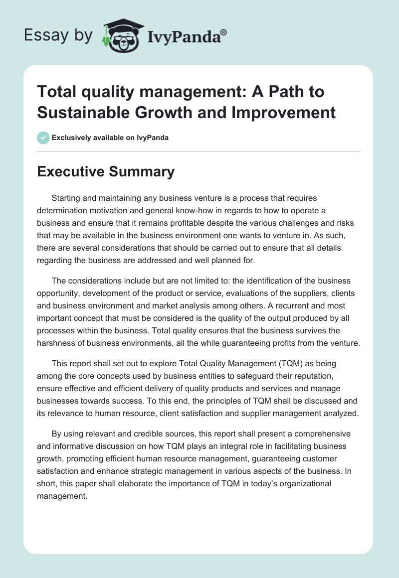 Total Quality Management: A Path to Sustainable Growth and Improvement. Page 1