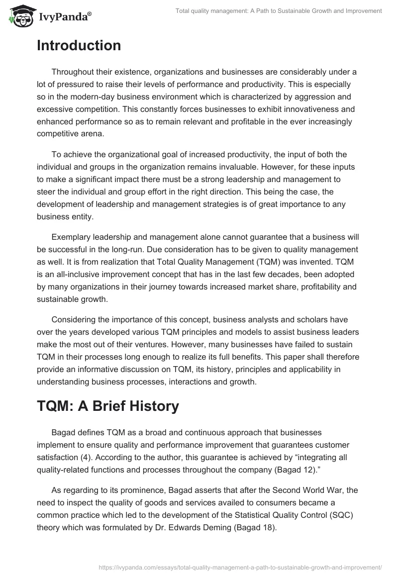 Total Quality Management: A Path to Sustainable Growth and Improvement. Page 2