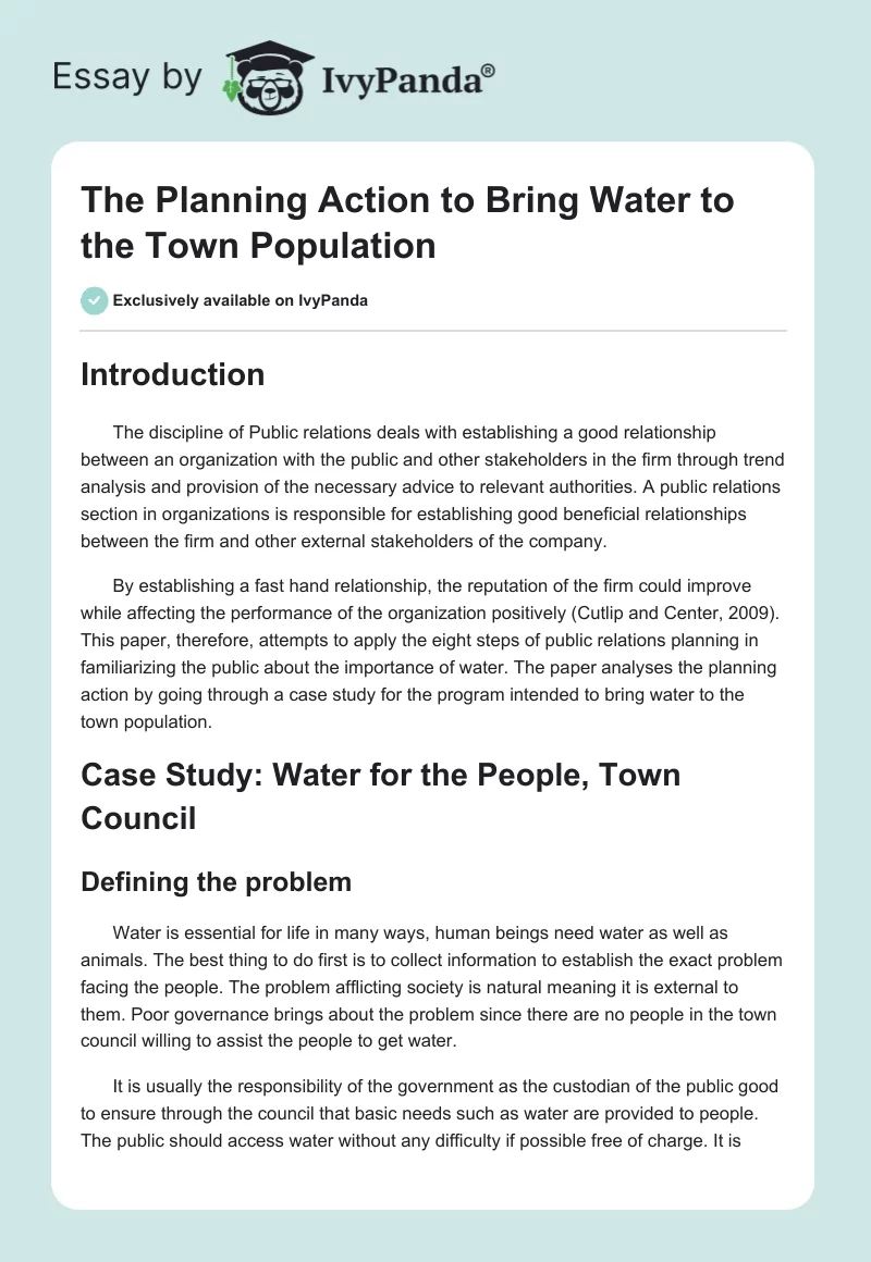 The Planning Action to Bring Water to the Town Population. Page 1