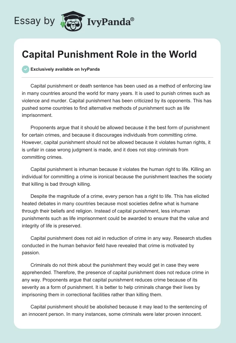 Capital Punishment Role in the World. Page 1