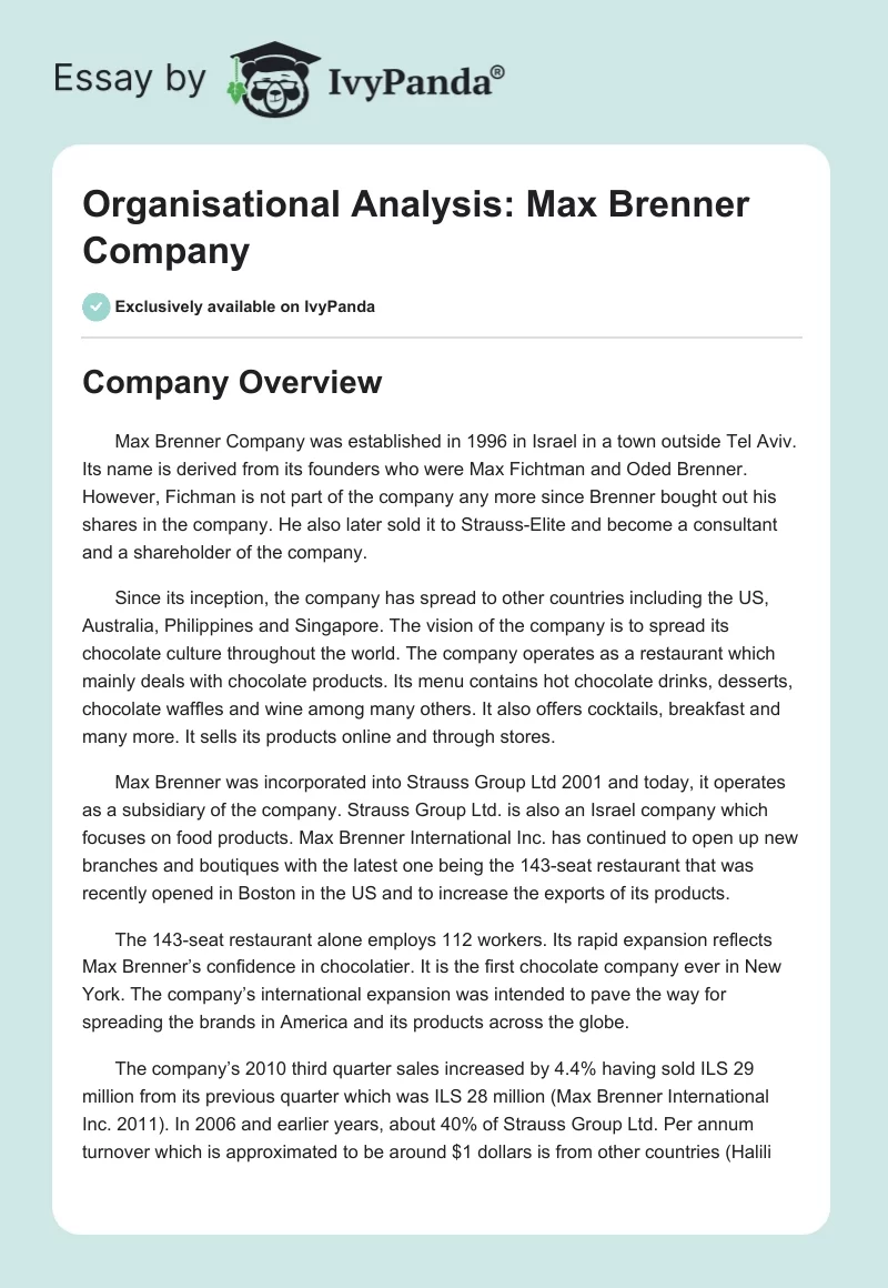 Organisational Analysis: Max Brenner Company. Page 1