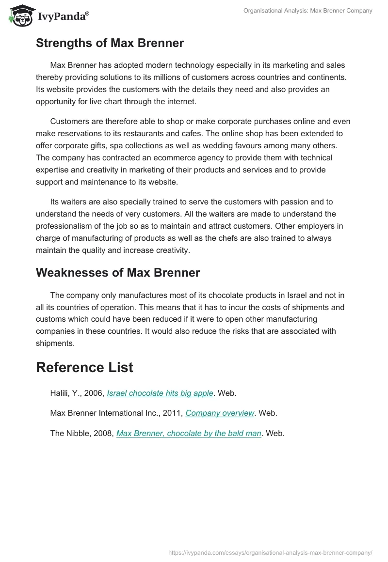 Organisational Analysis: Max Brenner Company. Page 4