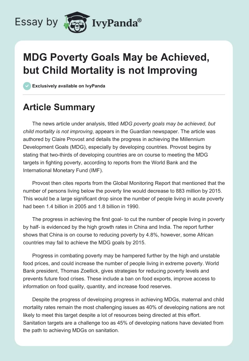 MDG Poverty Goals May Be Achieved, but Child Mortality Is Not Improving. Page 1