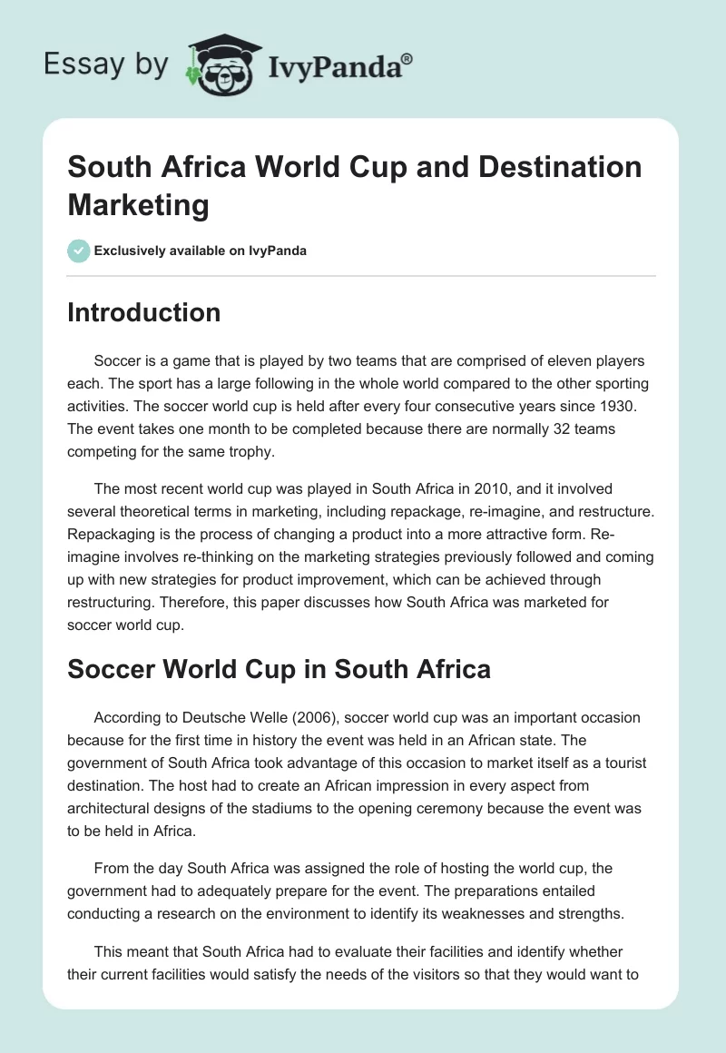 South Africa World Cup and Destination Marketing. Page 1