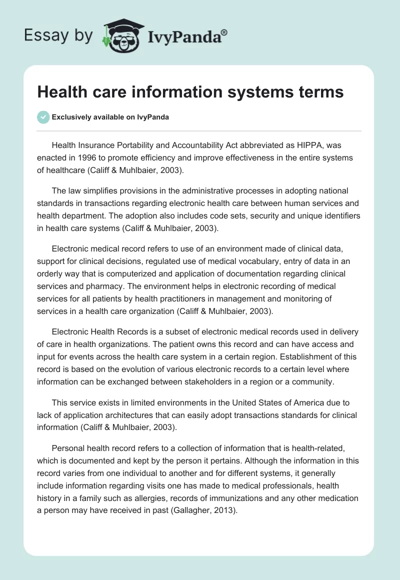 Health care information systems terms. Page 1