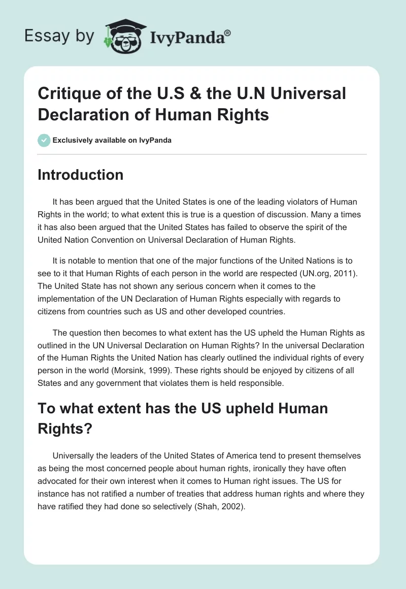 Critique of the U.S & the U.N Universal Declaration of Human Rights. Page 1