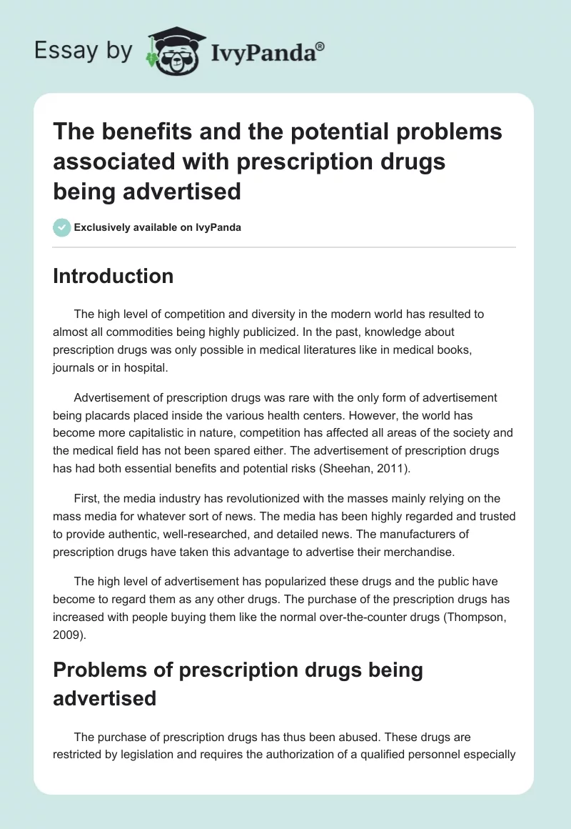 The benefits and the potential problems associated with prescription drugs being advertised. Page 1