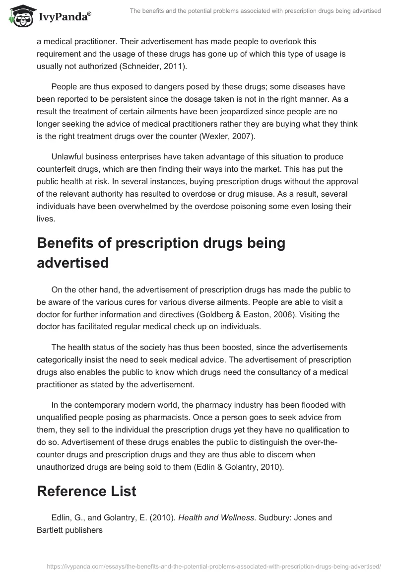 The benefits and the potential problems associated with prescription drugs being advertised. Page 2