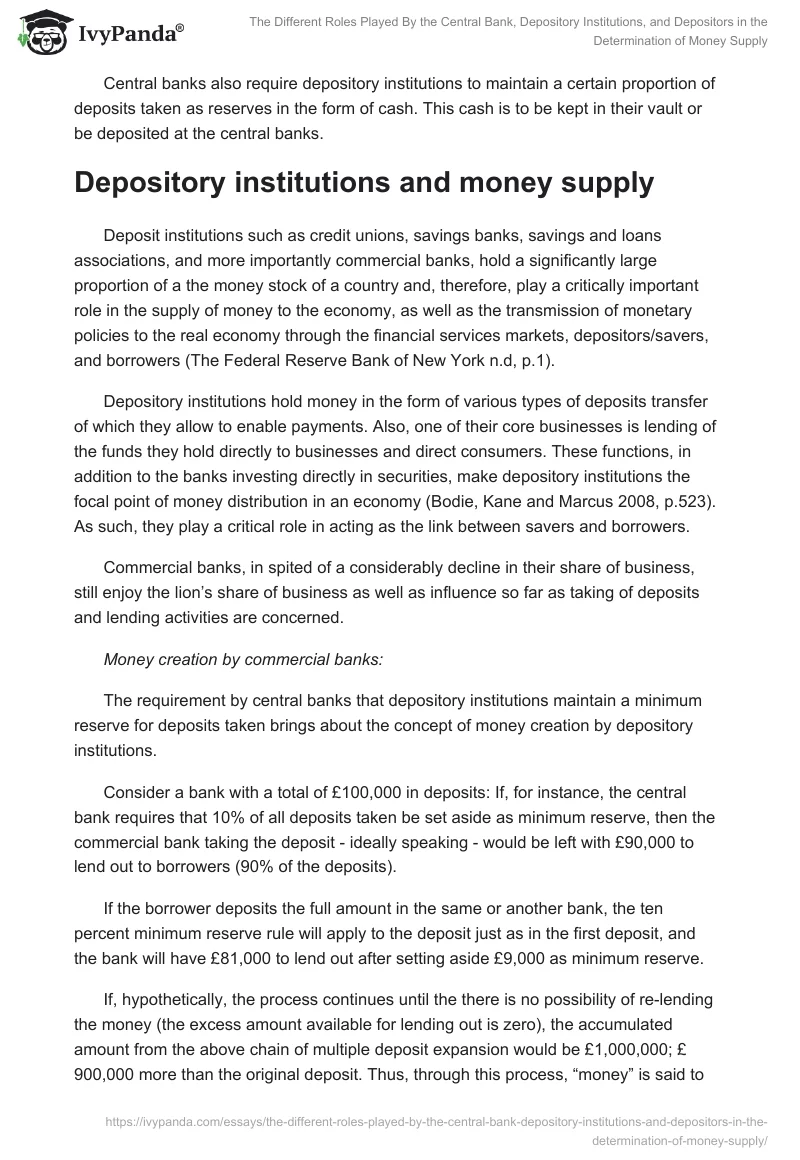 The Different Roles Played By the Central Bank, Depository Institutions, and Depositors in the Determination of Money Supply. Page 3