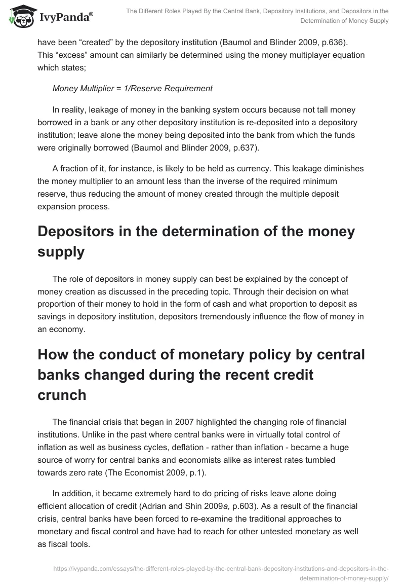 The Different Roles Played By the Central Bank, Depository Institutions, and Depositors in the Determination of Money Supply. Page 4
