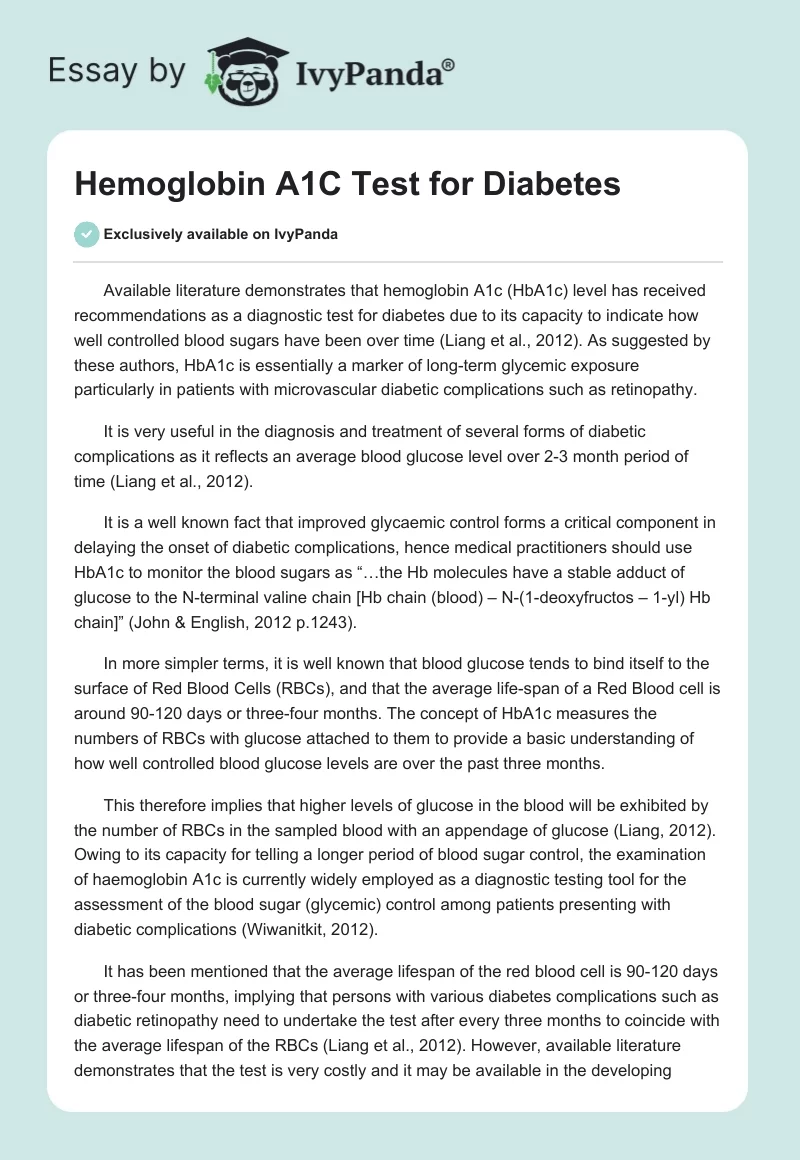 Hemoglobin A1C Test for Diabetes. Page 1
