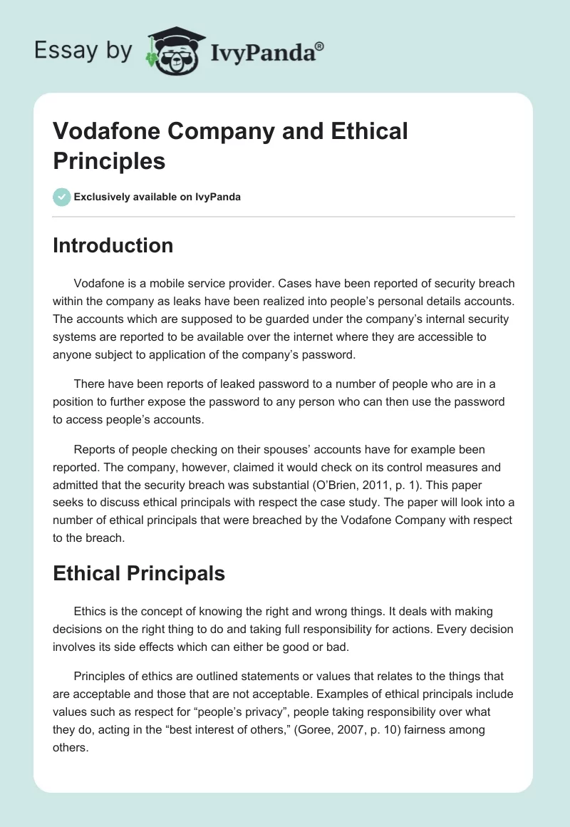 Vodafone Company and Ethical Principles. Page 1