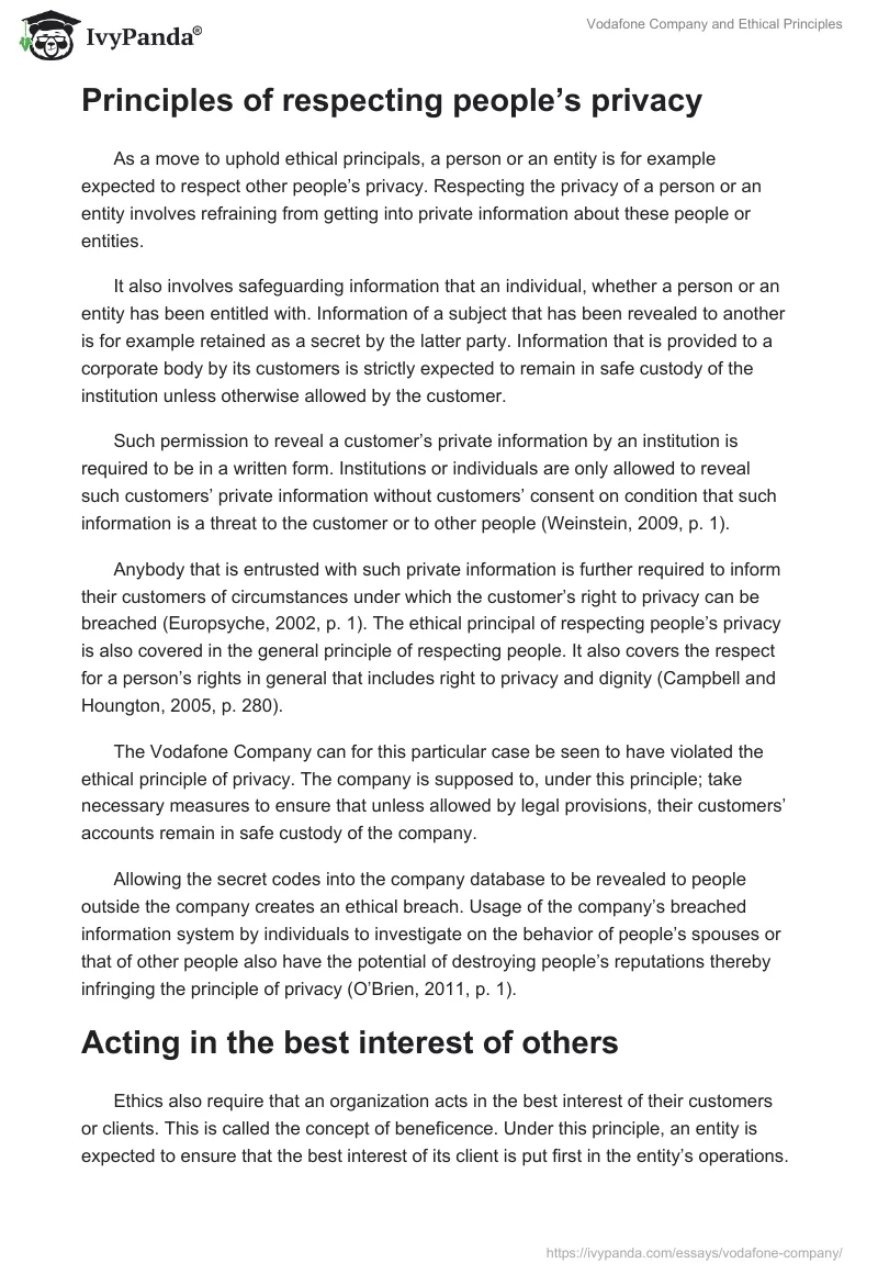 Vodafone Company and Ethical Principles. Page 2