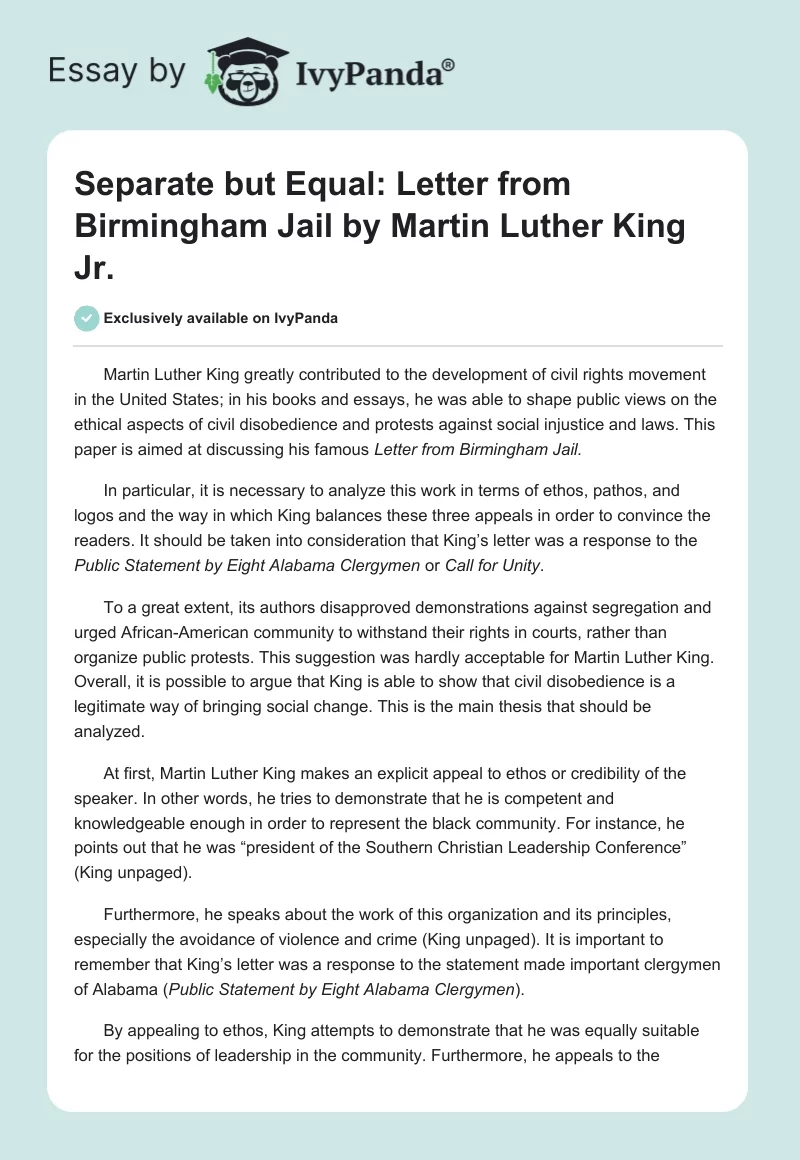 Separate but Equal: "Letter From Birmingham Jail" by Martin Luther King Jr.. Page 1