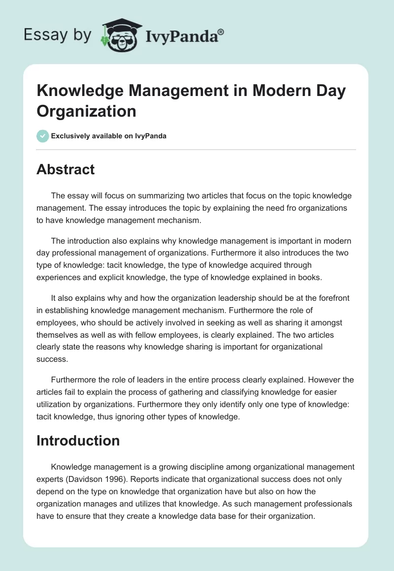 Knowledge Management in Modern Day Organization. Page 1