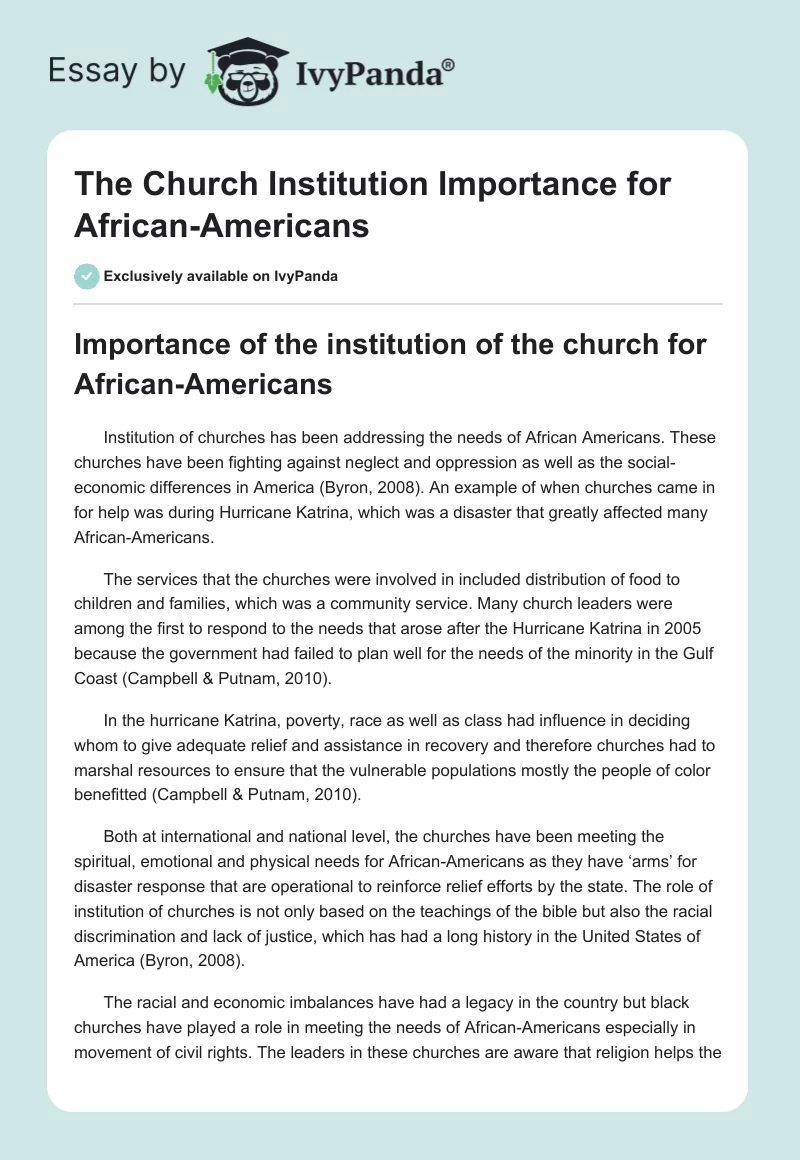 The Church Institution Importance for African-Americans. Page 1